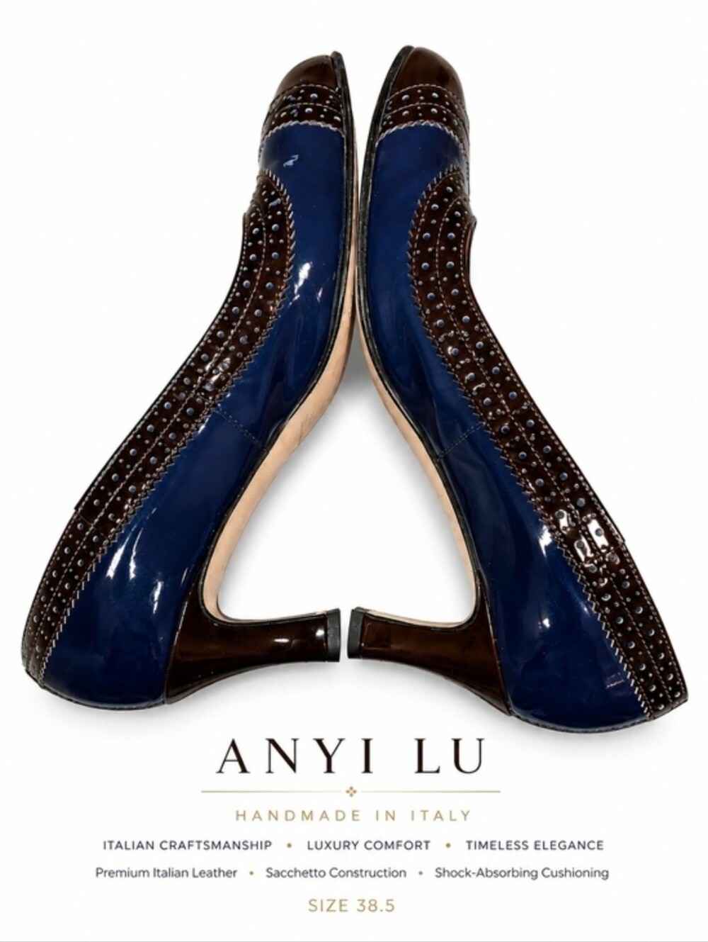 Anyi Lu Brown and Blue Leather Brogue Heels